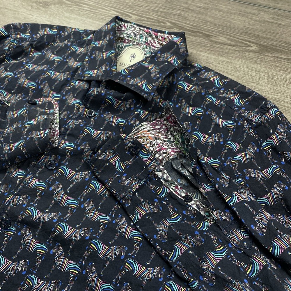 Ganesh Mens Cotton Button Front Shirt Multicolor Zebras Flip Cuffs Small